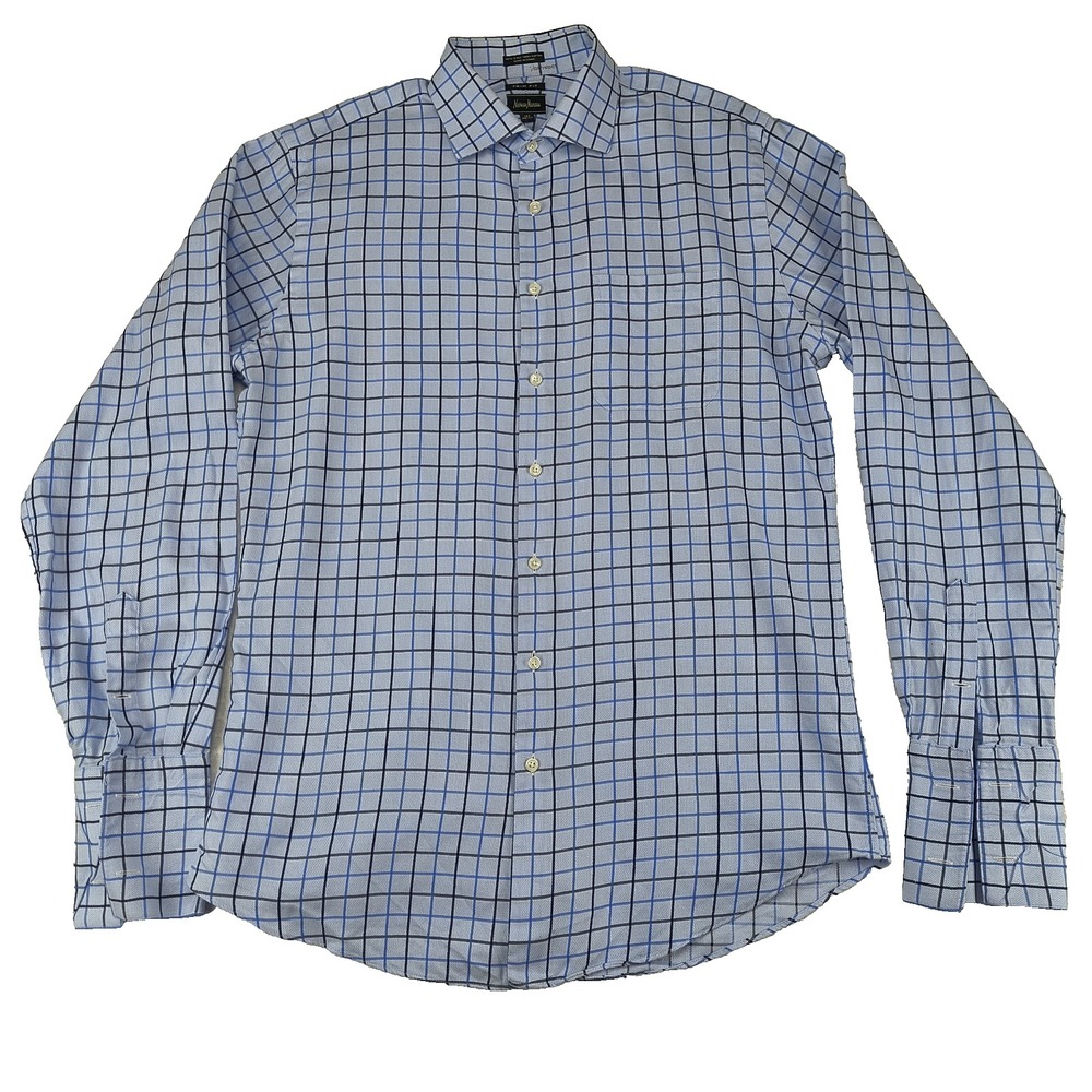 Neiman Marcus Trim Fit Dress Shirt Mens 16.5 36/37 Blue Check French Cuff Cotton